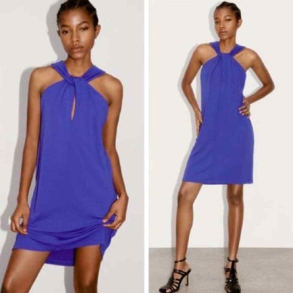 Zara blue front twist knot Halter Sheath Mini Dress Sz S
